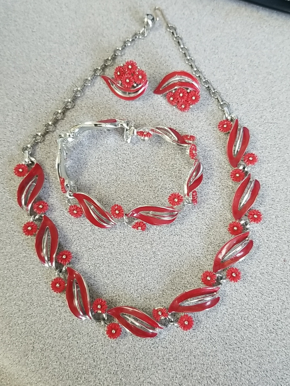 Vintage Red Floral Enamel Necklace, Bracelet & Earring Set